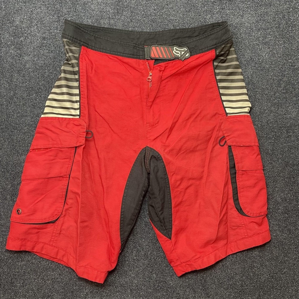 Y2K Fox Racing Cycling Cargo Shorts Mens W34 Red Black Striped Adjustable Waist